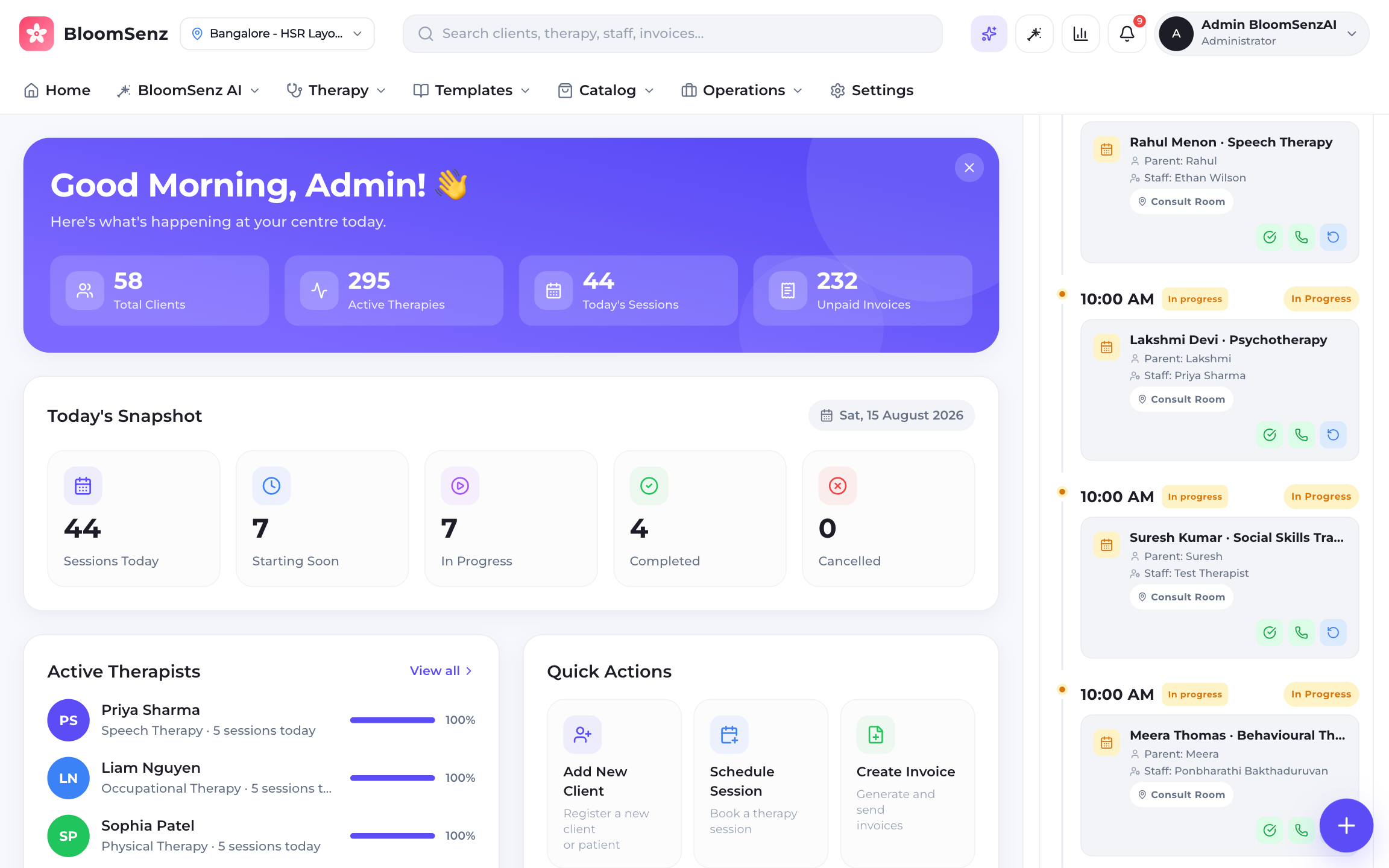 BloomSenz centre dashboard with today's schedule and session snapshot