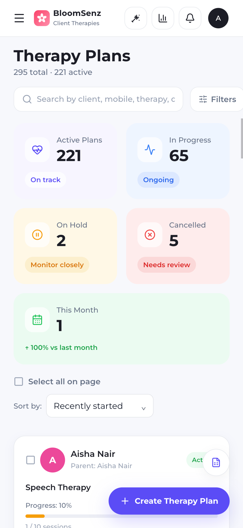 Therapy plans and session records on mobile