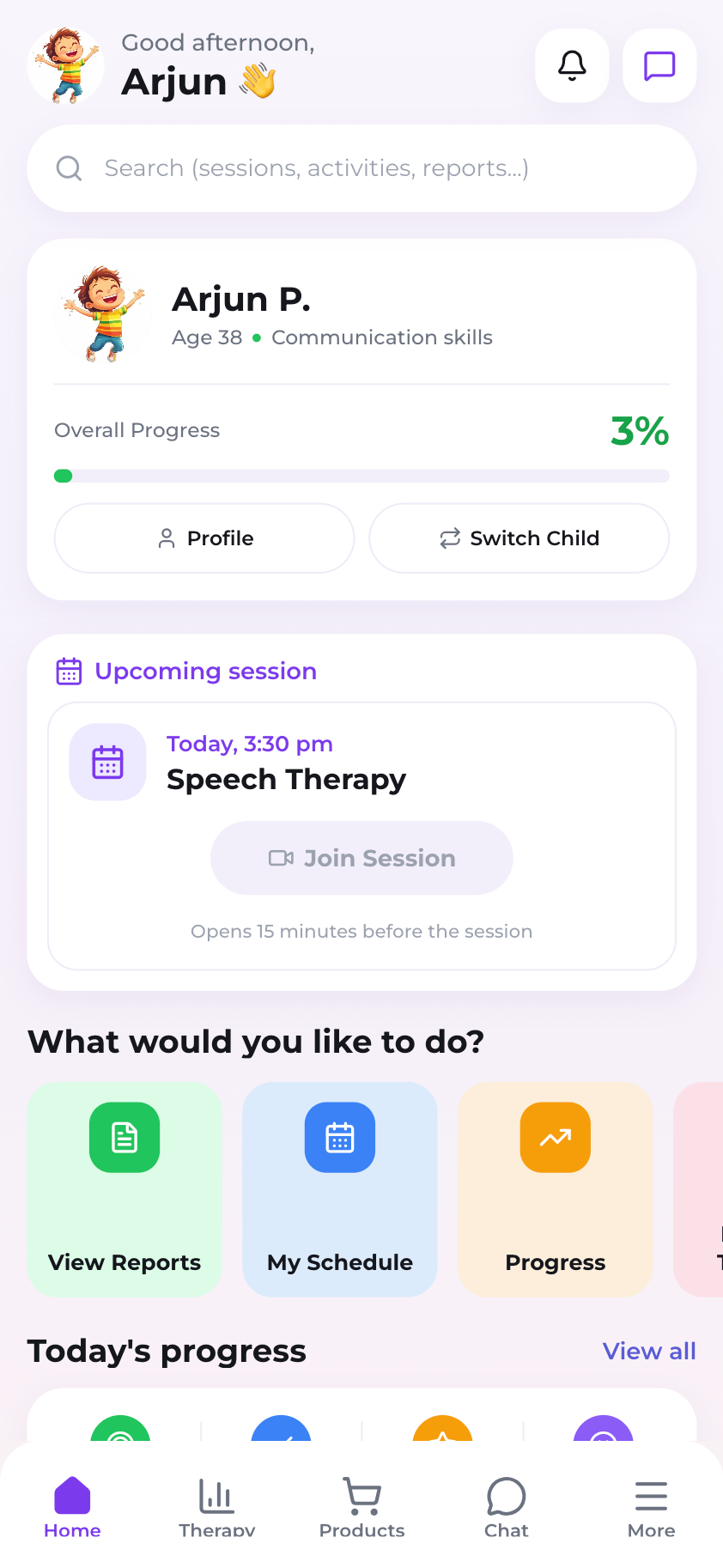 Parent app dashboard with upcoming sessions and child progress