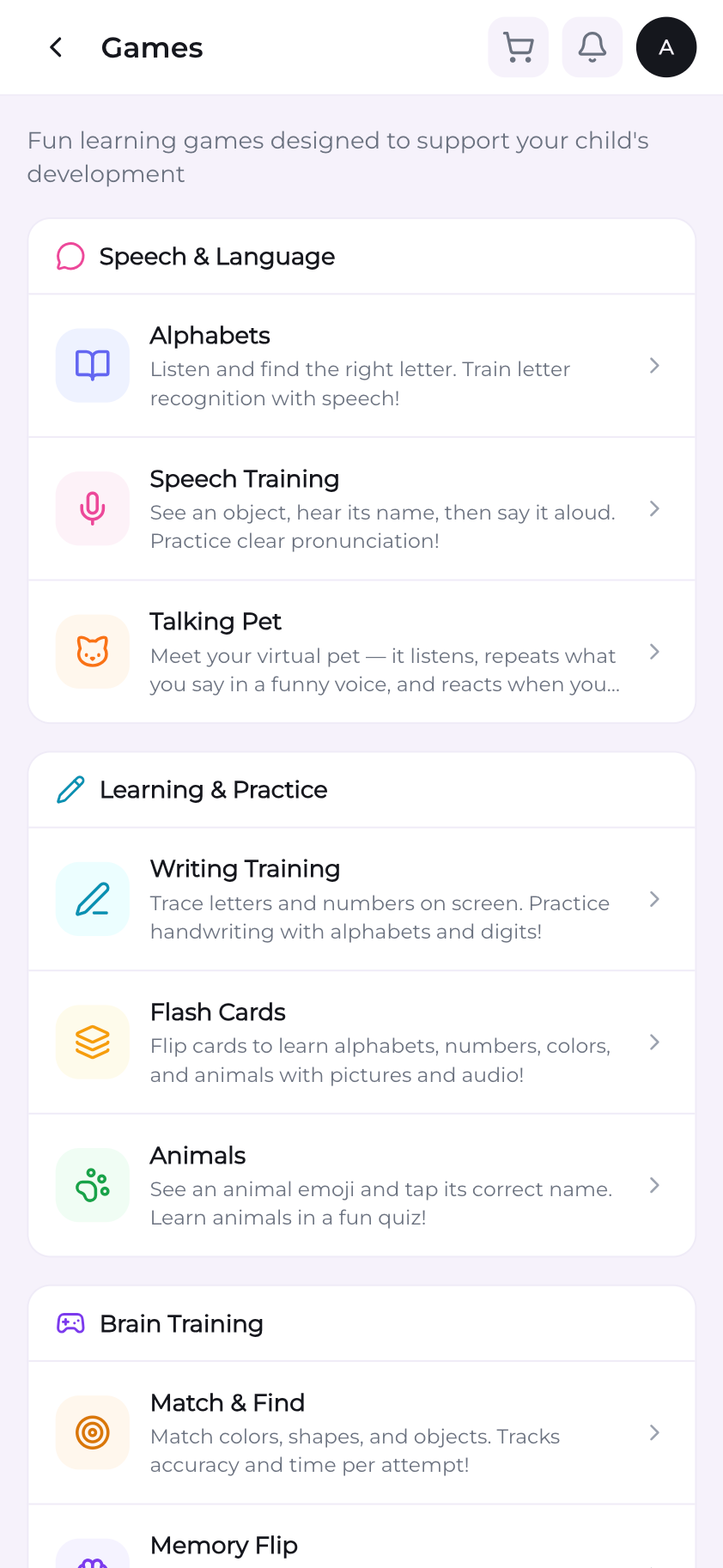 Therapy games and play activities in the parent app