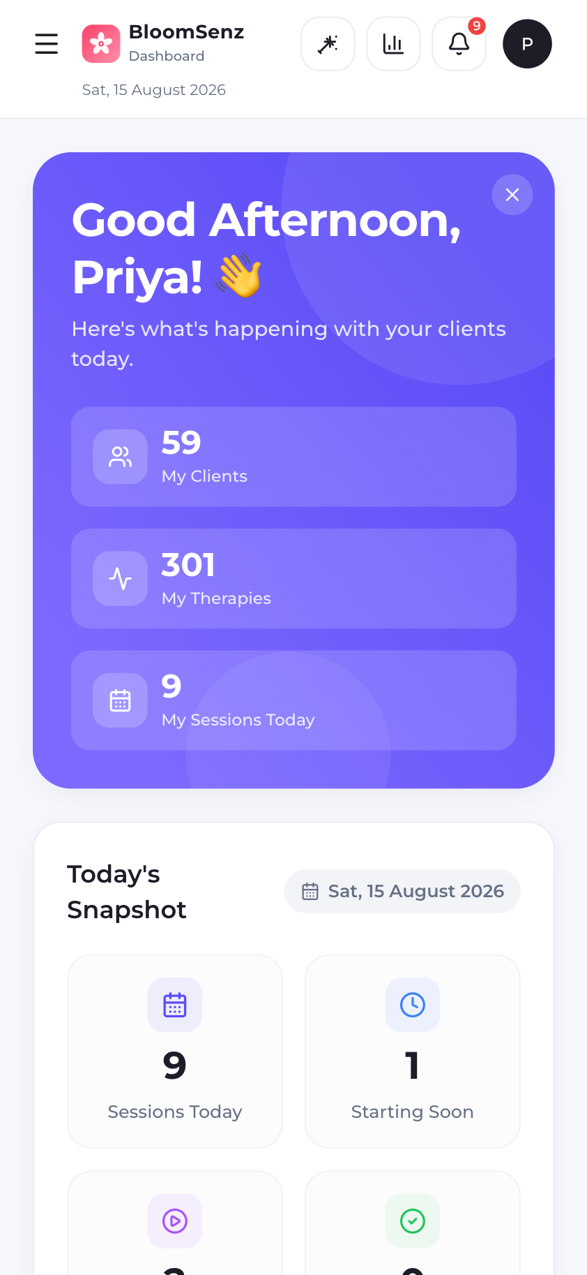 Therapist dashboard with caseload counts and today's session snapshot