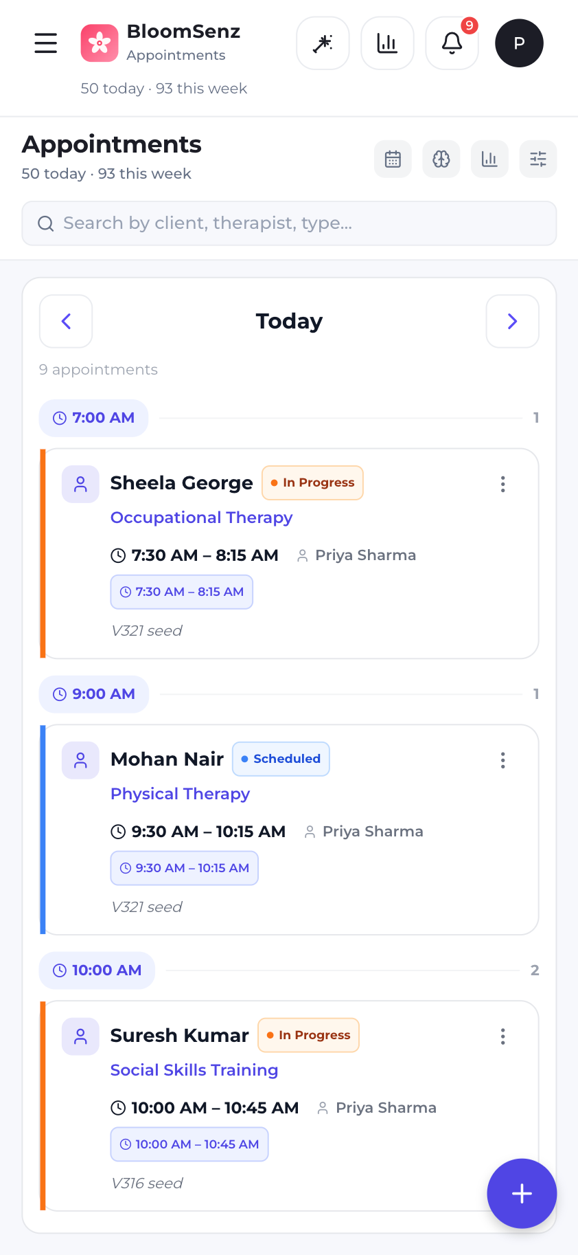 Therapist's own appointment schedule on mobile