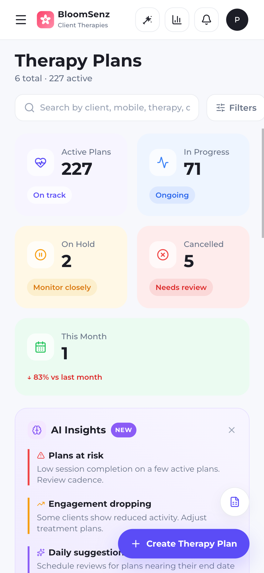 Therapy plans and goals managed by the therapist